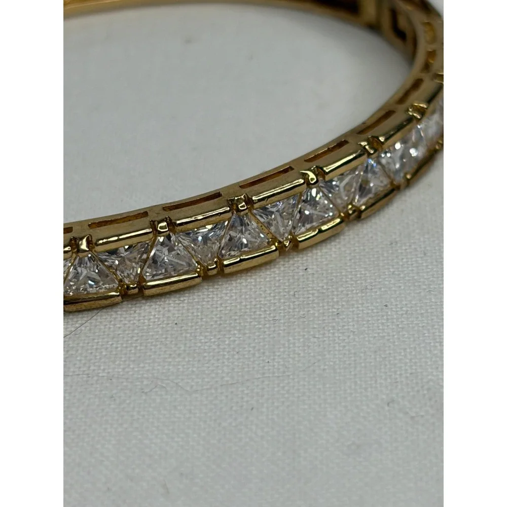 925 Sterling Silver Gold Tone Princess Cut CZ Hinged Bangle Bracelet